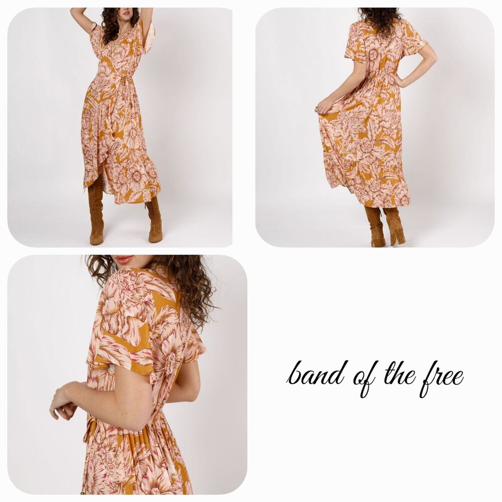 NWT Band of the Free‎ Heather Floral Wrap Maxi Dress Sz. S [4-6] Gold Pink Blush